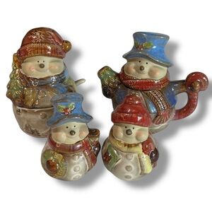 Christmas KIRKLAND’S Potter’s Garden Snowman Salt & Pepper Creamer & Sugar Set
